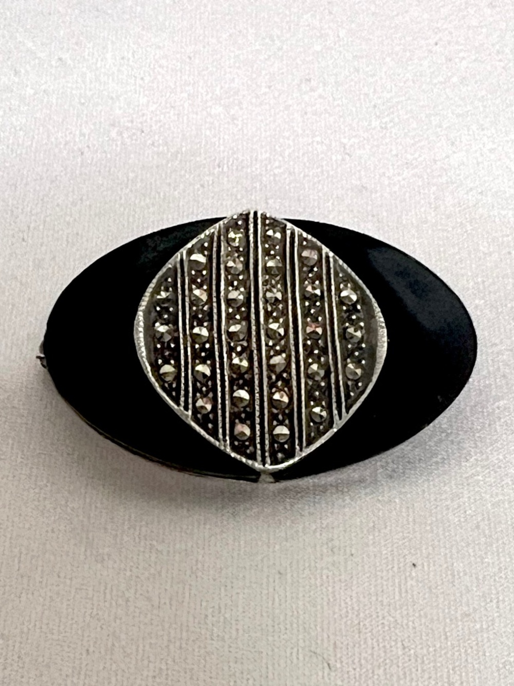 Vintage 80s Art Deco Revival Black Chalcedony and Marcasite Brooch Pin, Sterling